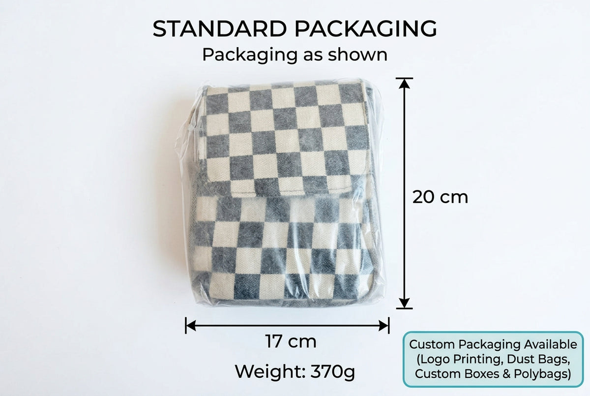 checkered crossbody phone bag in individual clear polybag with approximate 17 by 20 cm packing dimensions