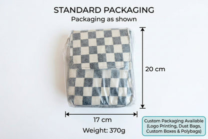 checkered crossbody phone bag in individual clear polybag with approximate 17 by 20 cm packing dimensions