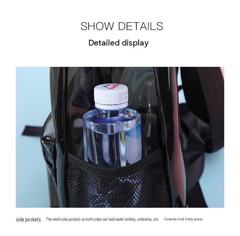 clear backpack with elastic mesh side pocket for water bottle umbrella and quick access items