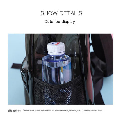 clear backpack with elastic mesh side pocket for water bottle umbrella and quick access items