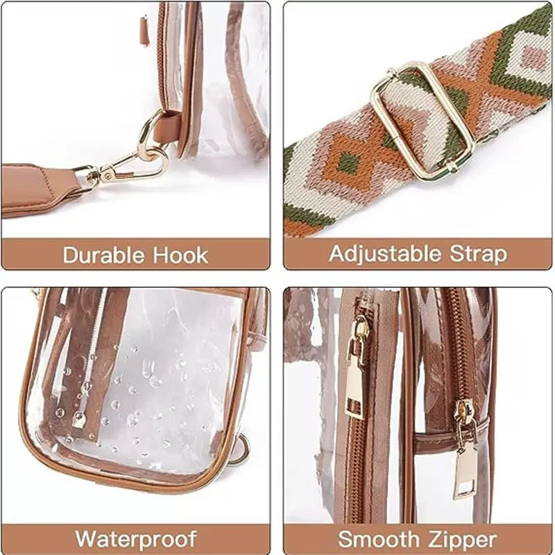 clear crossbody bag detail views showing metal strap hook adjustable patterned webbing water droplets on clear panel and zipper