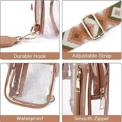 clear crossbody bag detail views showing metal strap hook adjustable patterned webbing water droplets on clear panel and zipper