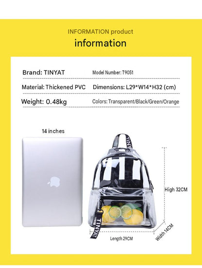 clear pvc backpack specification showing 29 x 14 x 32 cm size 0.48 kg weight and thickened pvc material