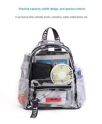 clear pvc backpack organized with ipad books cosmetics wallet phone and daily accessories