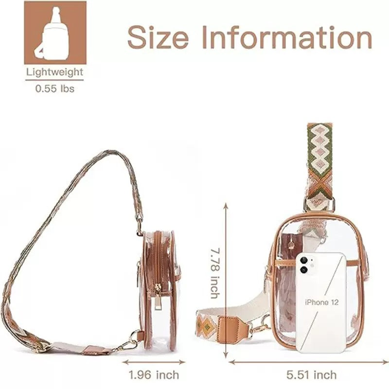 clear sling bag size chart showing 5.51 inch width 7.78 inch height 1.96 inch depth and approximately 0.55 lb weight