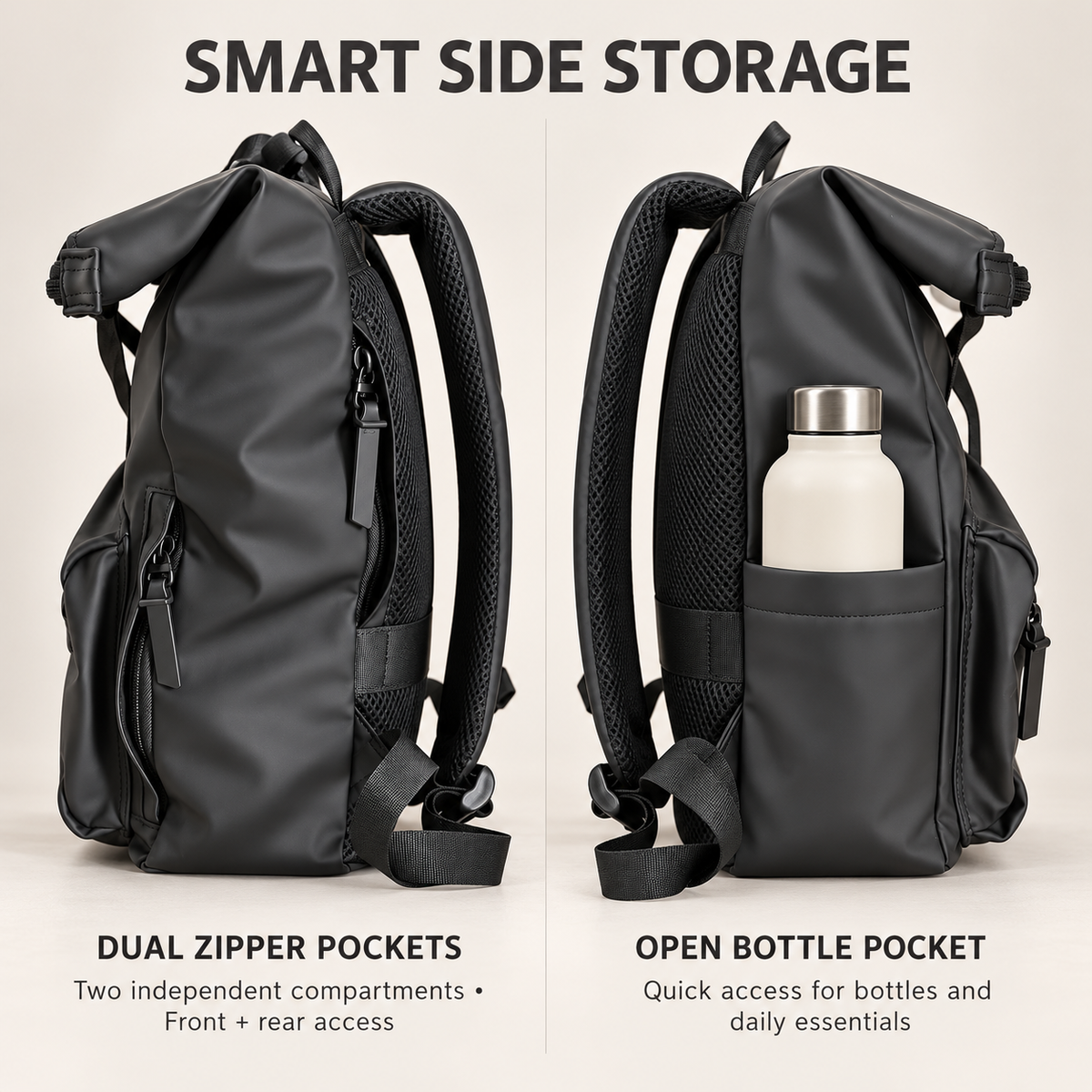commuter backpack side views showing two separate zipper pockets and an open water bottle holder