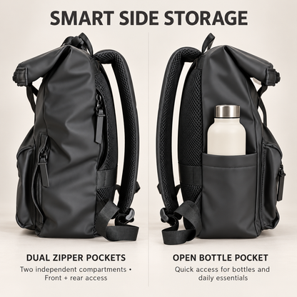 commuter backpack side views showing two separate zipper pockets and an open water bottle holder