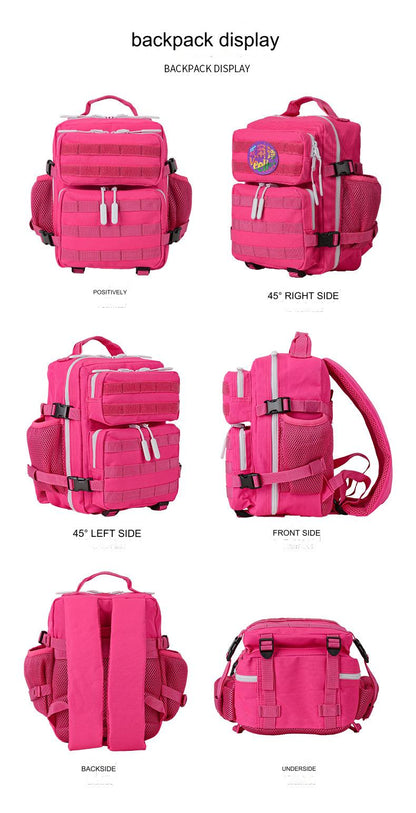 compact mini backpack showing front side back and multiple pocket design