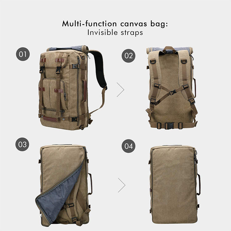 convertible canvas backpack with hidden shoulder straps for travel use