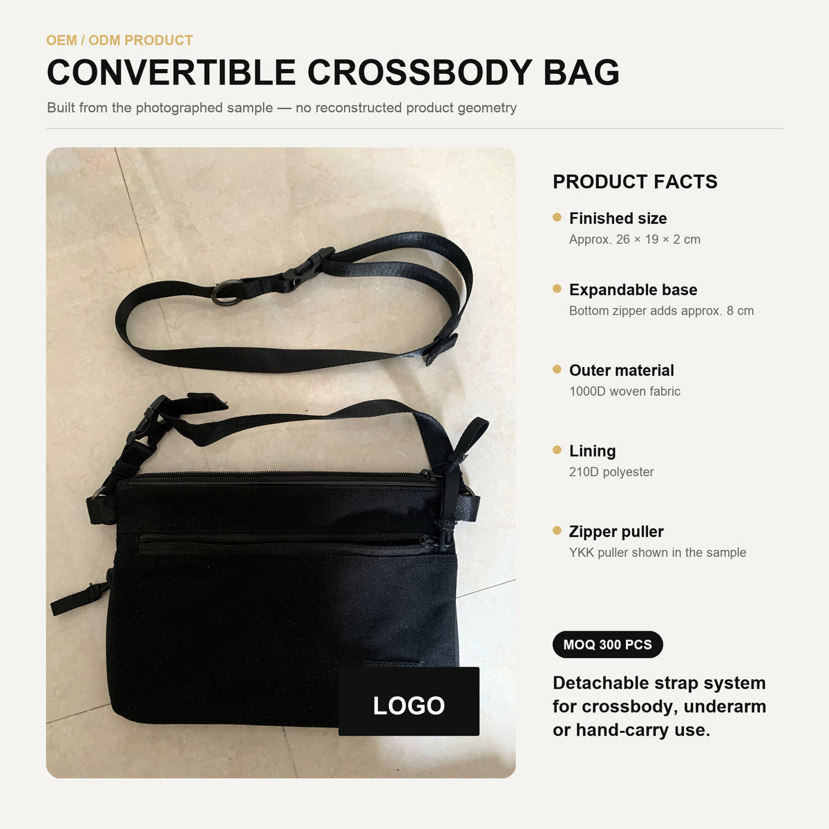 Convertible crossbody bag specification graphic showing compact rectangular design, detachable strap, organized storage and expandable base