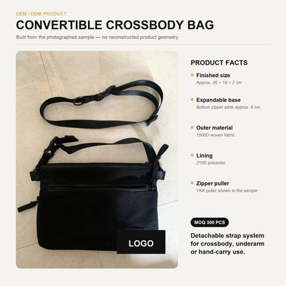 Convertible crossbody bag specification graphic showing compact rectangular design, detachable strap, organized storage and expandable base