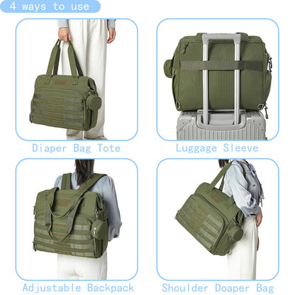 convertible diaper bag tote showing hand carry luggage pass through sleeve backpack carry and shoulder carry options