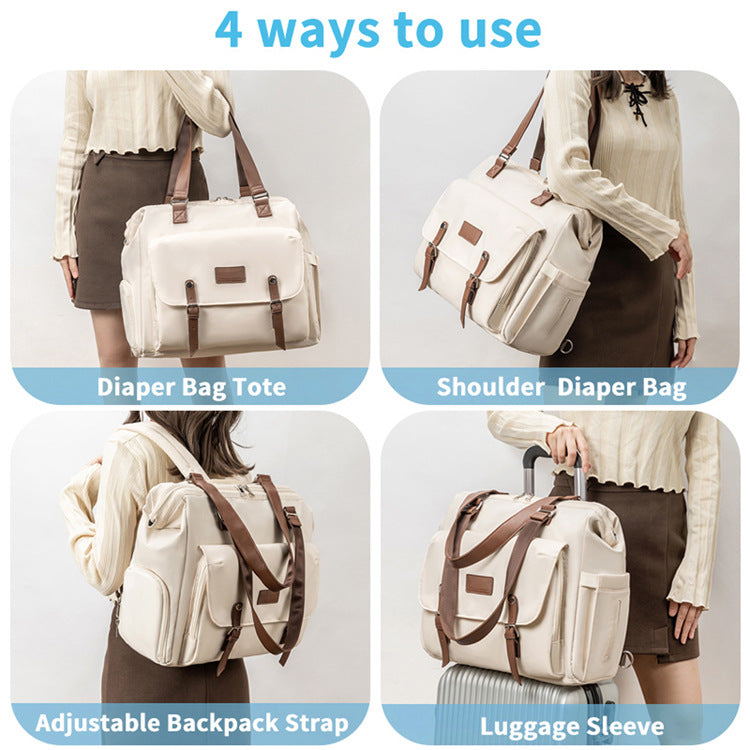 convertible diaper bag shown as a tote shoulder bag backpack and luggage sleeve bag for family travel