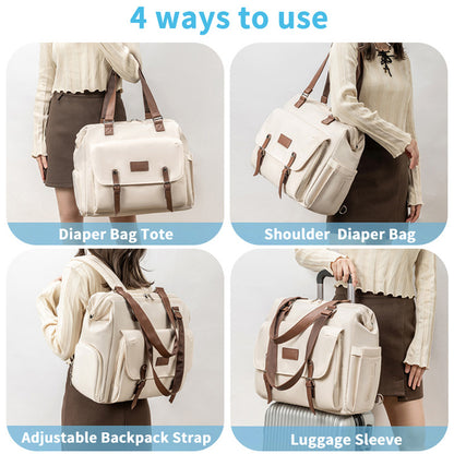 convertible diaper bag shown as a tote shoulder bag backpack and luggage sleeve bag for family travel