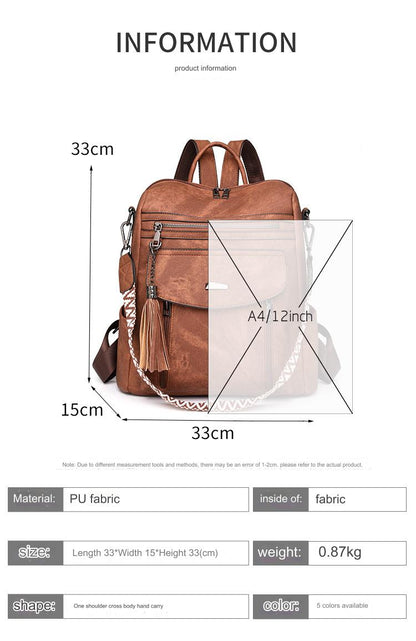 convertible pu backpack specification chart showing 33 cm width 33 cm height 15 cm depth and approximate 0.87 kg weight
