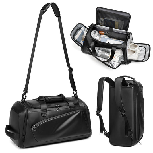 black convertible travel bag shown as duffel shoulder bag and backpack