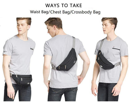 three model views showing black waist bag worn at the waist across the back and across the chest using adjustable strap