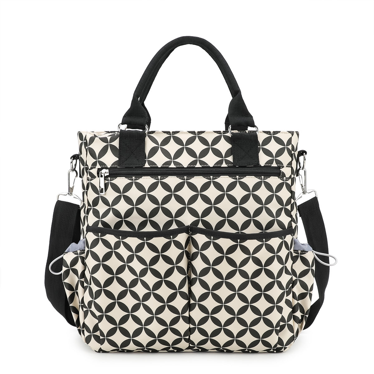 copper coins pattern diaper bag tote with black and white geometric print black top handles side pockets and front organizer