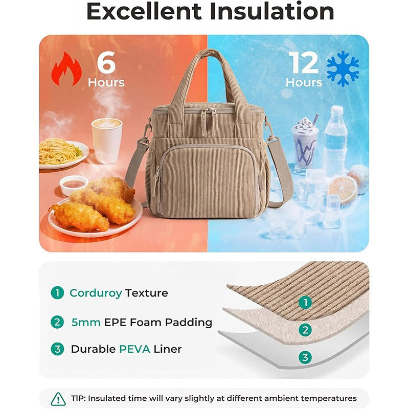 corduroy insulated bag details with two-way zippers removable adjustable shoulder strap and easy-clean food-grade inner liner