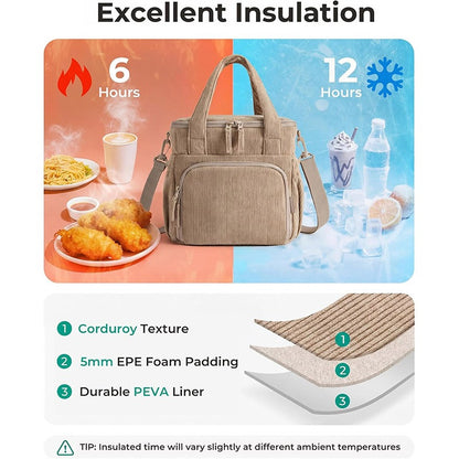 corduroy insulated bag details with two-way zippers removable adjustable shoulder strap and easy-clean food-grade inner liner