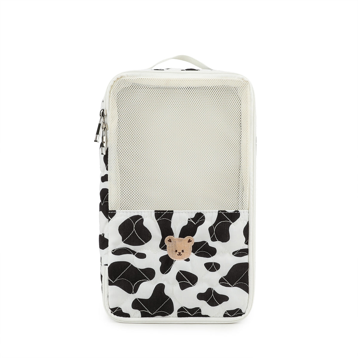 black and white cow print diaper bag organizer pouch with cream mesh section top carry handle and bear patch