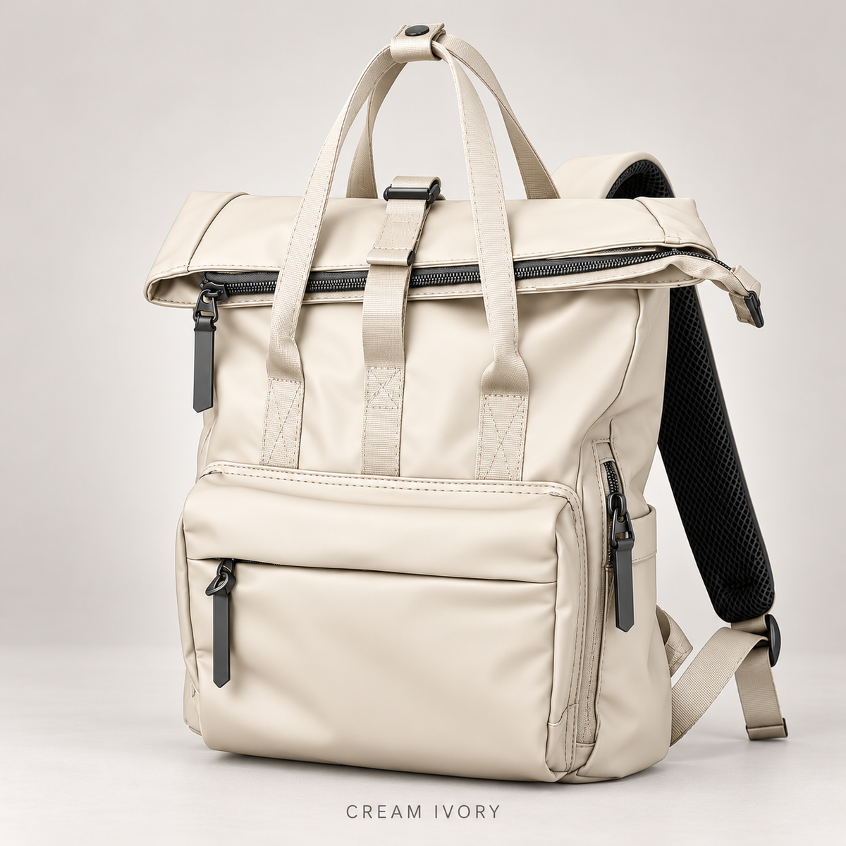 cream ivory custom pu travel backpack with folding zipper top front compartment webbing carry handles and padded straps