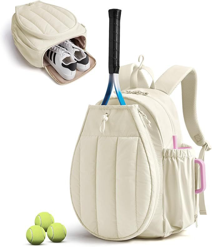 cream lightweight tennis and pickleball backpack with racket compartment shoe storage and elastic side pockets