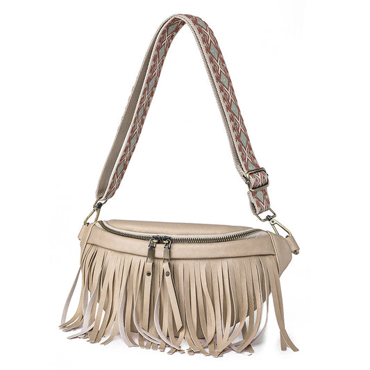 beige fanlosn pu leather fringe crossbody bag women,custom,front
