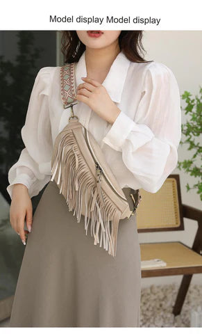 beige fanlosn pu leather fringe crossbody bag women,custom,model display