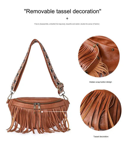brown fanlosn pu leather fringe crossbody bag women,custom,detail 0