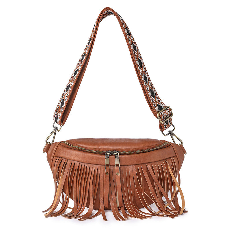 brown fanlosn pu leather fringe crossbody bag women,custom,front