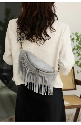 gray fanlosn pu leather fringe crossbody bag women,custom,model display