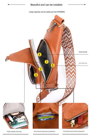 brown fanlosn pu leather retro crossbody chest bag,custom,detail 02