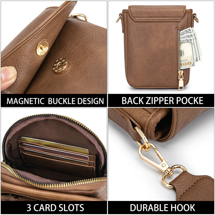crossbody phone bag detail collage with magnetic snap rear zipper pocket three card slots and metal strap clips