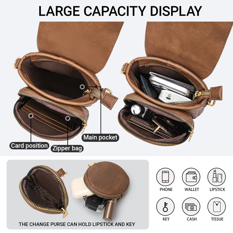 open crossbody phone bag showing main zippered compartment card slots and detachable round coin purse