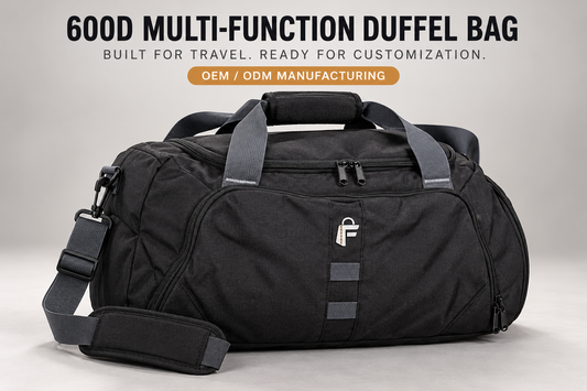 black 600d polyester travel duffel bag with adjustable shoulder strap, front storage pocket and reinforced carrying handles for oem manufacturing