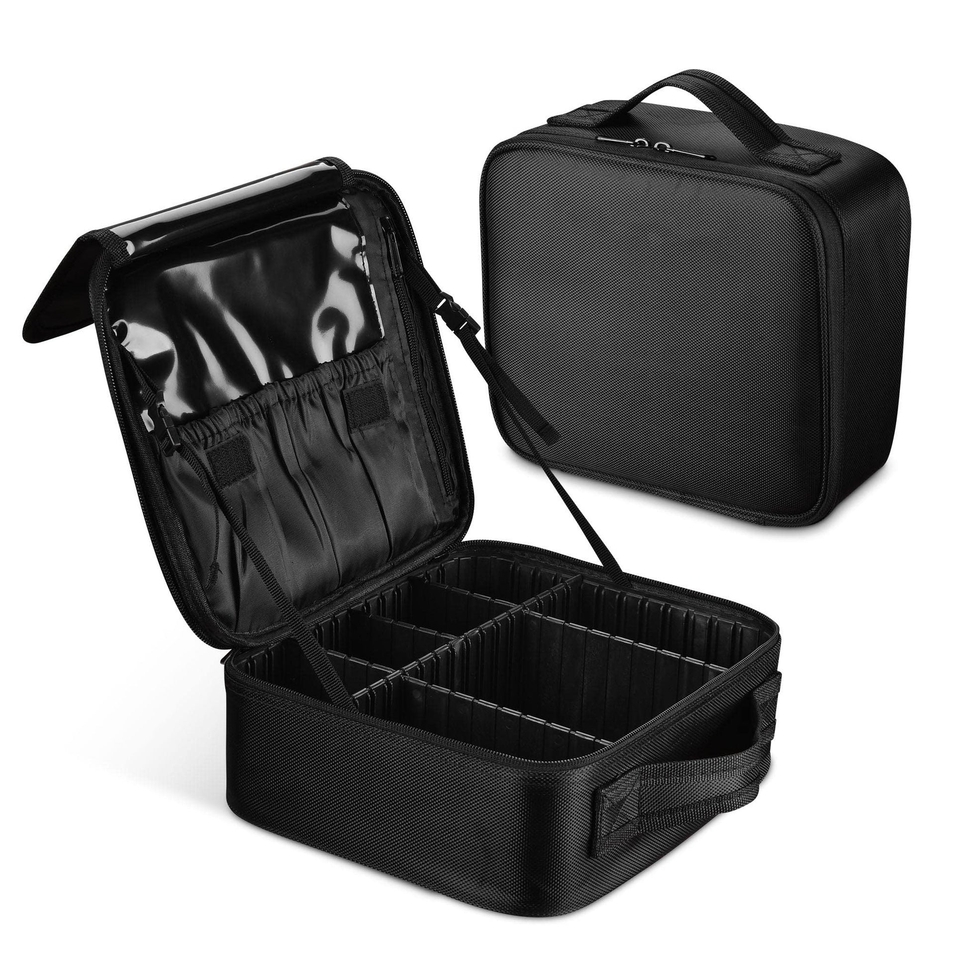 custom black professional makeup bag organizer case with adjustable compartments