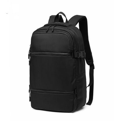 custom business backpack in black with multiple zip compartments and padded shoulder straps
