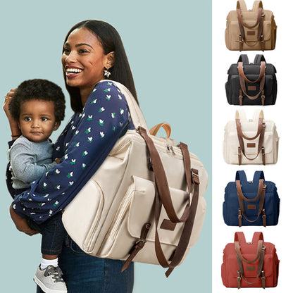 custom convertible diaper bag tote backpack shown on a parent with five color options and adjustable shoulder straps