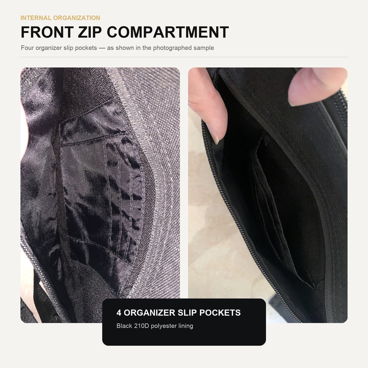 Custom crossbody bag front zip compartment opened to show four internal slip pockets for organizing small accessories