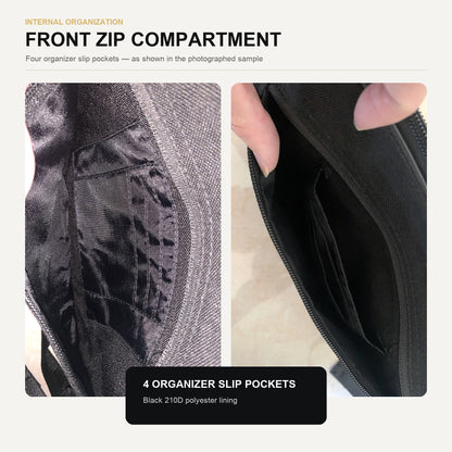 Custom crossbody bag front zip compartment opened to show four internal slip pockets for organizing small accessories
