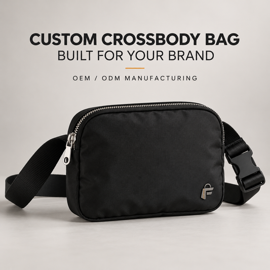 custom crossbody bag with front branding area, adjustable black webbing strap, metal zipper, and compact rectangular shape for oem manufacturing