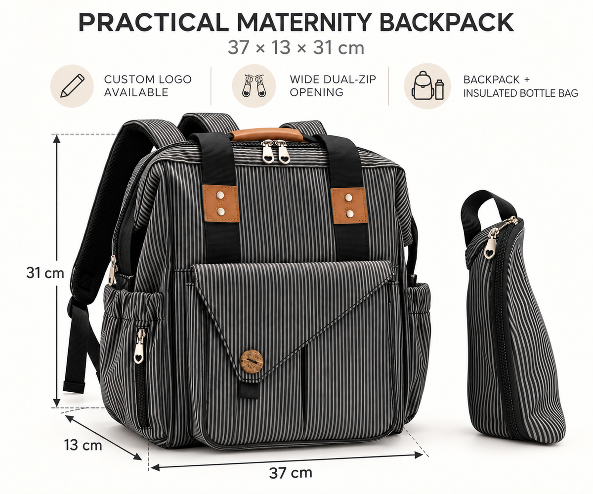 custom diaper backpack size guide showing 37 cm width 13 cm depth and 31 cm height with matching insulated bottle pouch