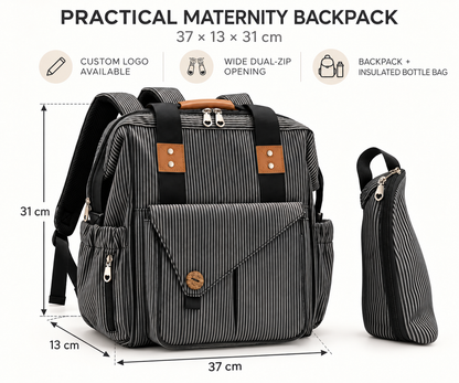 custom diaper backpack size guide showing 37 cm width 13 cm depth and 31 cm height with matching insulated bottle pouch
