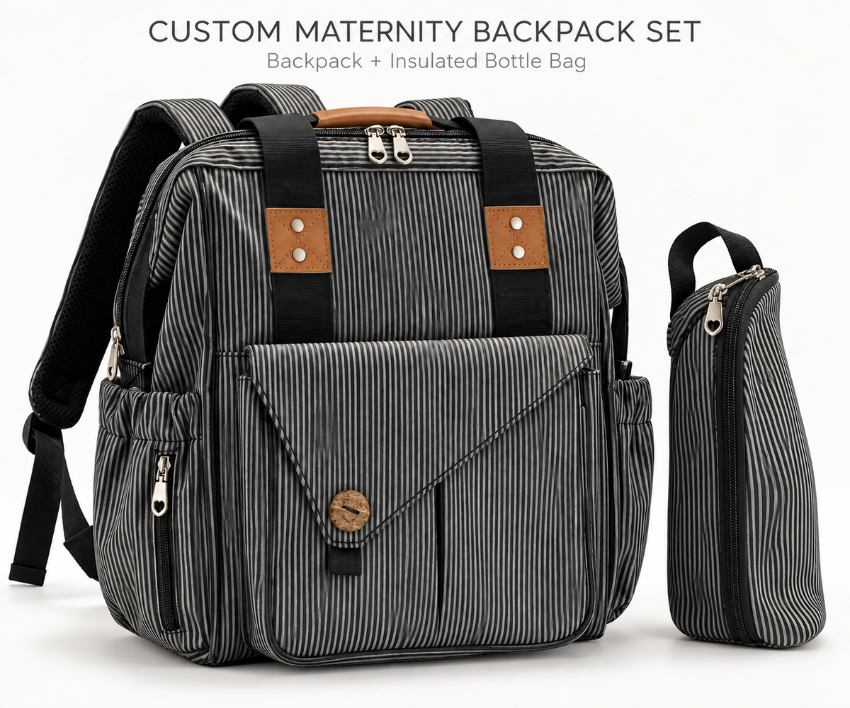 custom diaper backpack set in black striped fabric with front flap pocket padded straps and separate insulated bottle bag