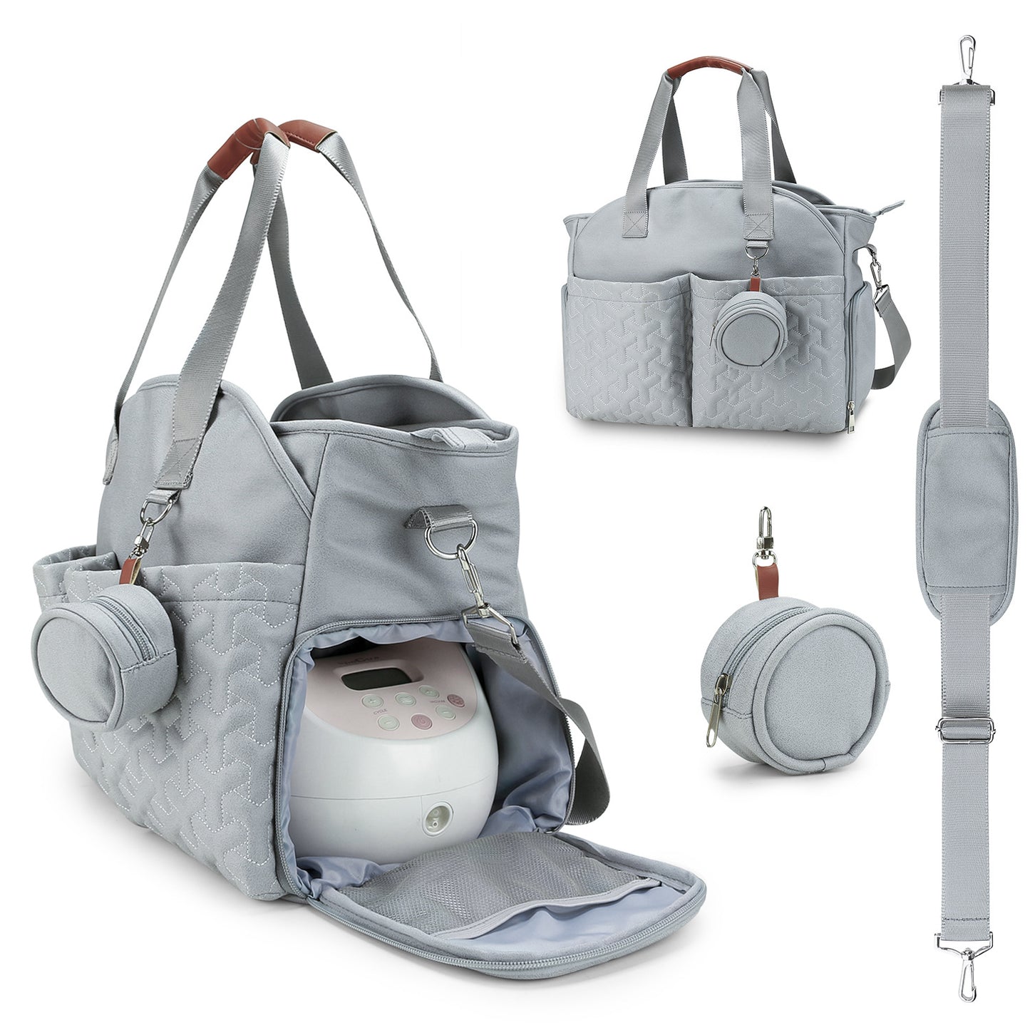 Custom diaper tote bag with breast pump compartment and insulated bottle pockets
