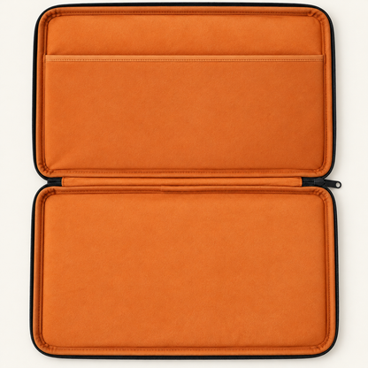 custom eva laptop protective sleeve fully opened with orange soft padded interior wide slip pocket stitched edges and zipper closure