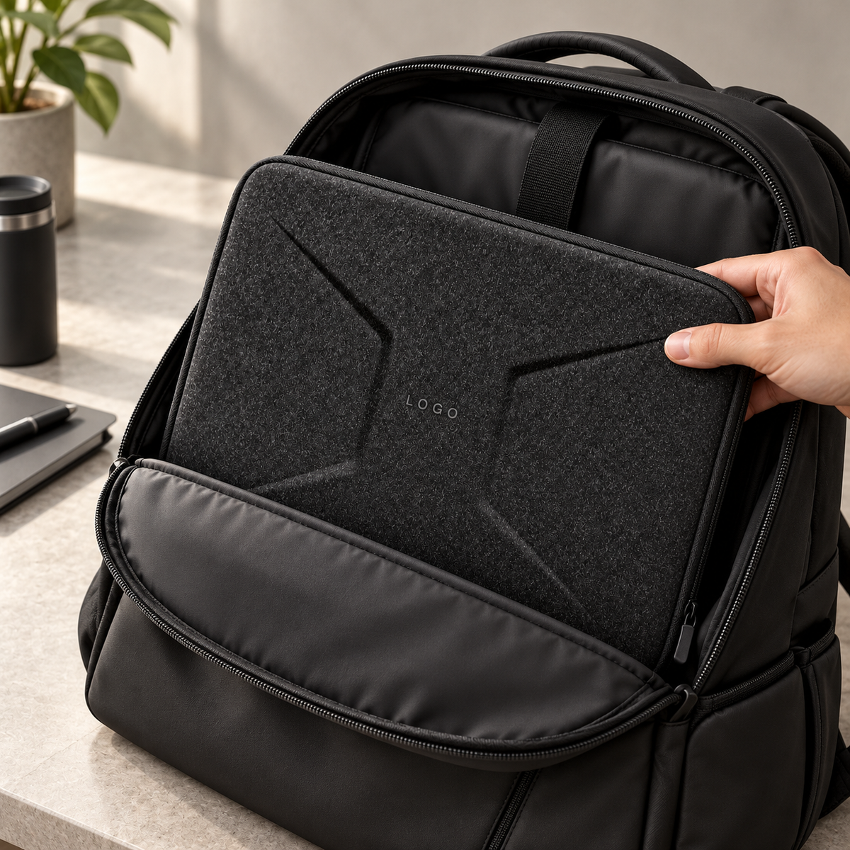 custom eva laptop sleeve with black laminated molded shell being placed inside a backpack for added laptop protection