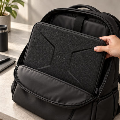 custom eva laptop sleeve with black laminated molded shell being placed inside a backpack for added laptop protection