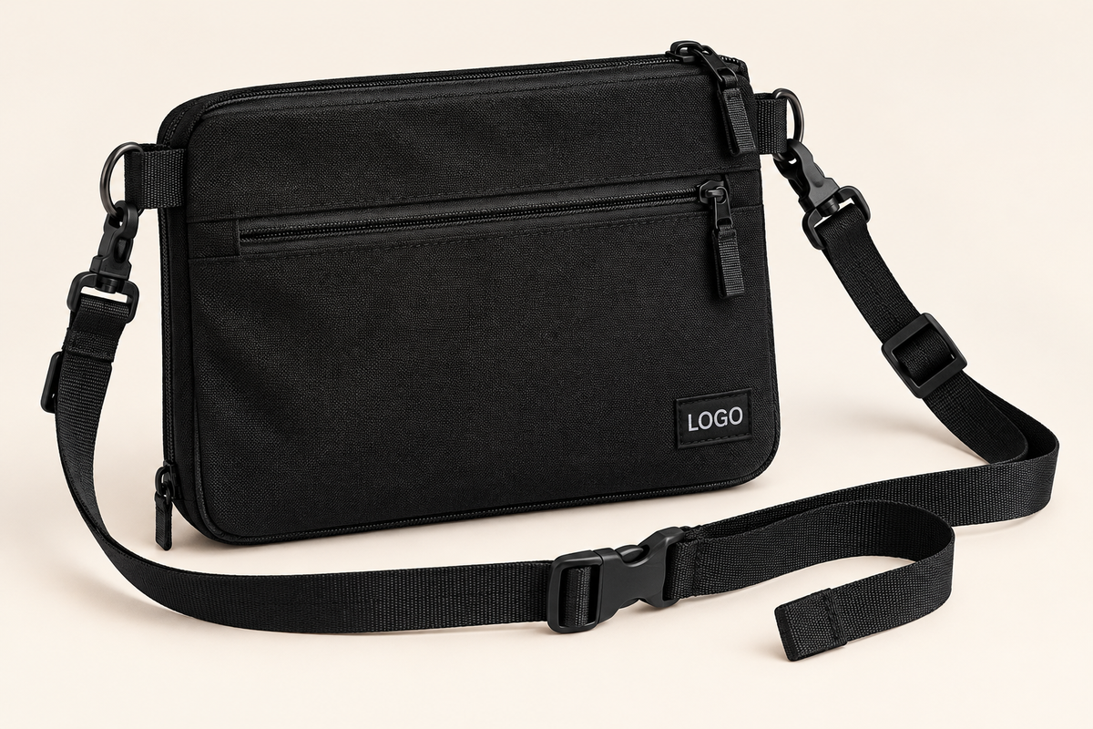 Black custom expandable crossbody bag with front zipper pocket, detachable adjustable webbing strap, side D-rings and logo label